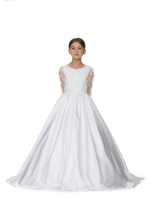 Transparent Long Sleeves Beaded White Lace Satin Flower Girl Dress